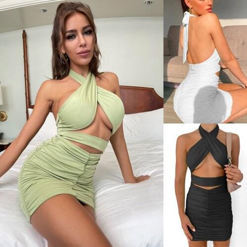 Vestidos Mujer Bandage Halter Sexy White Wrap Dress Women Backless Folds Sleeveless Party Mini Dress Womens Summer Clothing 2021