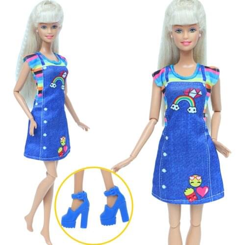 Handmade Blue Dress Rainbow Printing Casual Wear + 1 Pairs High Heel Shoes Accessories Clothes for Barbie Doll