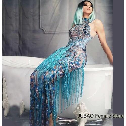 Fashion blue Dress rhinestone Fringe dress Prom Birthday Celebrate star Dresses made custom 2021 women designer clothes spandex