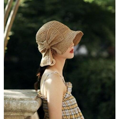 Parent-child 100%Raffia Bow Sun Hat Wide Brim Floppy Summer Hats for Women Beach Panama Straw Dome Bucket Hat Shade Hat