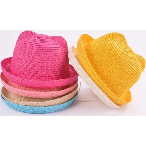 Cute Baby Girl Boy Straw Hat Summer Solid Color Baby Hats Lovely Cat Ear Children Floppy Sun Beach Cap