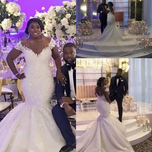 Mermaid African Plus Size Wedding Dresses Off Shoulder Lace Appliques Beaded Wedding Dress Bridal Gowns Custom Made