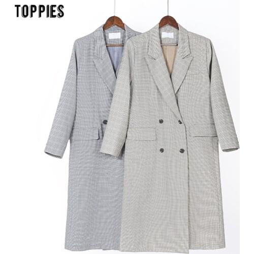 Toppies Vintage Houndstooth Trench women coat Plaid Long Coat Double Breasted Blazer Korean Clothes