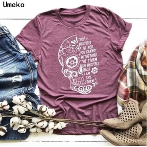Umeko Chic Skull Print T-shirt New Womens Fashion Casual Wild Short-sleeved Girl Top Funny T Shirts O-Neck Short Top Plus Size