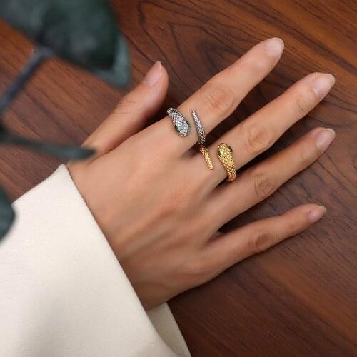 YAONUAN Vintage Snake Shaped Gold Plated Ring For Women Inlaid With Green Zircon Open Non-adjustable Finger Jewelry Accessories