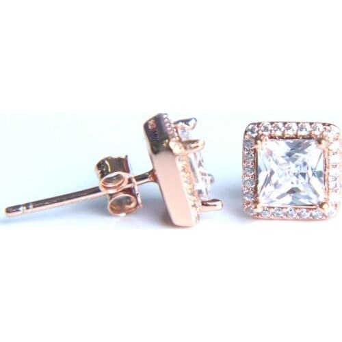 925 Sterling Silver Square rose gold earring Fascination Clear CZ Stud Earrings for Women Brincos Fine Jewelry