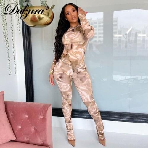 Dulzura Tie Dye Print Women Two Piece Set Long Sleeve T Shirt High Waist Flare Pants Bell Tracksuit Casual Sporty Outfit 2020