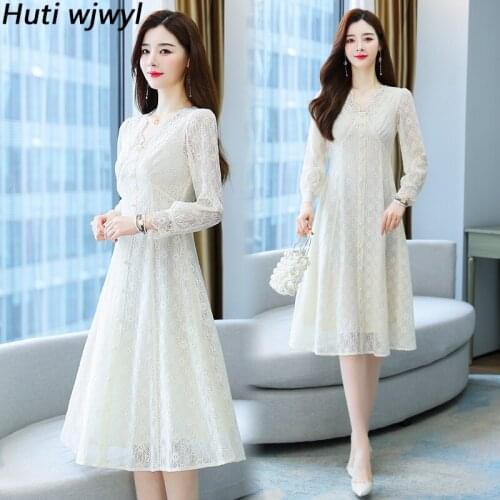Autumn Winter Vintage Long Sleeve Vestidos White Casual Lace Sexy Night Midi Dresses 2021 Women Bodycon Elegant Party Maxi Dress