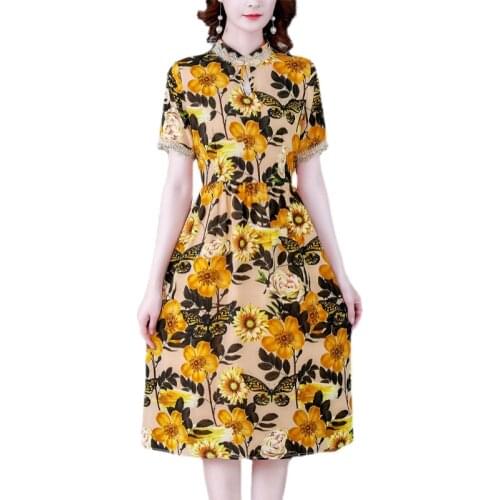 2021 New Summer Women Stand Collar Short Sleeve Slim Dress Fashion Lace Patchwork Flowers Butterfly Print Silk Dress