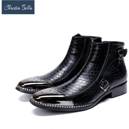 Christia Bella Rock Western Boots Men Metal Tip Safety Ankle Leather Boots Men Party Runway Dress Boots Men zapatos de hombre