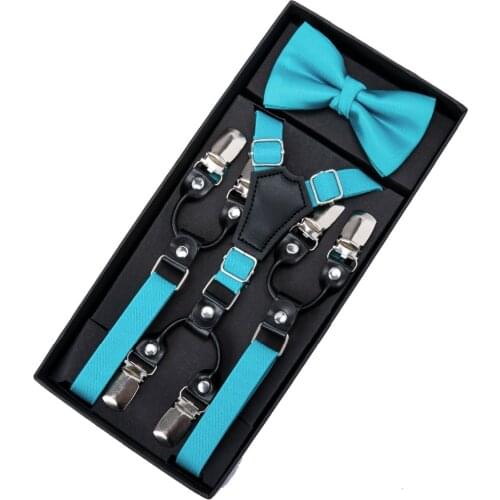 Kids Elastic Suspenders & Bow Tie Matching Tuxedo Suit Unisex Boy Girl Bowtie Children Cyan Color Adjustable Y-Back Brace Belt