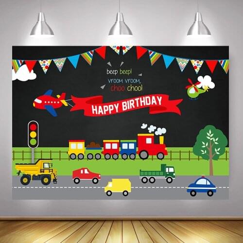 Children Happy Birthday Photography Backdrop Traffic Light Car Aircraft Cartoon Boy Birthday Cake Table Background Photo Shoot