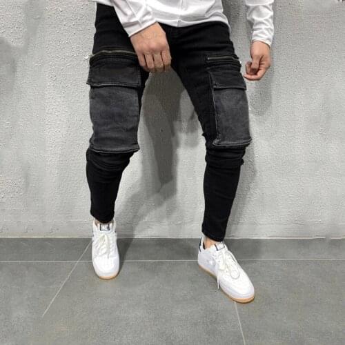 Black Big Pockets Denim Jeans Men Zippers Washed Skinny Casual Solid Color Hip Hop Pencil Pants Male Fashion Wild