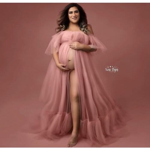 2021 Elegant Blush Pink Tulle Dresses For Pregnant Woman Ruffles Mesh Long Maternity Robe Birthday Baby Shower Photoshoot