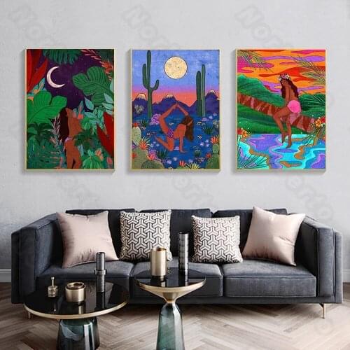 Modern Style Canvas Painting Poster Print Cartoon Countryside Night Scenery Semi-Nude Girl Do Yoga for Home Rooms Gallery Decora