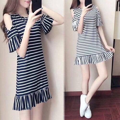 Stripe Summer Dresses Korean Comfortable Modal Elasticity Short Lotus Sleeve Women Mid-Length Dress 2021 New Female Clothing