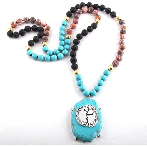 Fashion Bohemian Tribal Jewelry 8mm Stone Long Knotted Matching Stone Pendant Necklace For Women Necklaces