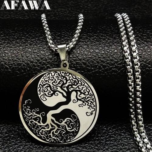 Tree of Life Enamel Stainless Steel Chain Necklaces for Men Ying Yang Silver Color Necklace Jewelry colgante hombre N726S01