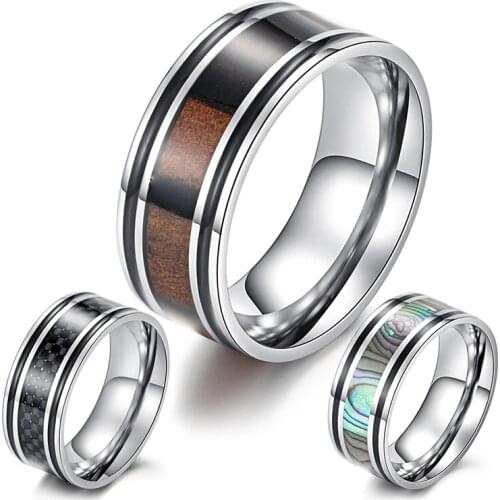 Carbon Fiber Ring for Men Fashion Wood Grain Ring Unique Shell Ring Silver Color Stainless Steel Male Jewelry