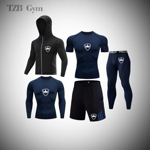 Mens Brand Training Jogging Fitness Gym Running Suit Sweat Wicking Tight Rashguard Quick Drying Sports Suit T-Shirt Outdoor