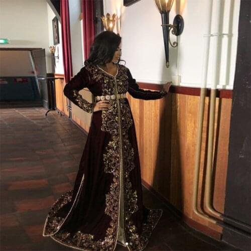 Charming Beading Applique Sequin Moroccan Kaftan Evening Dress Burgundy Long Sleeve Muslim Arabic Dubai Prom Party Dress Custom