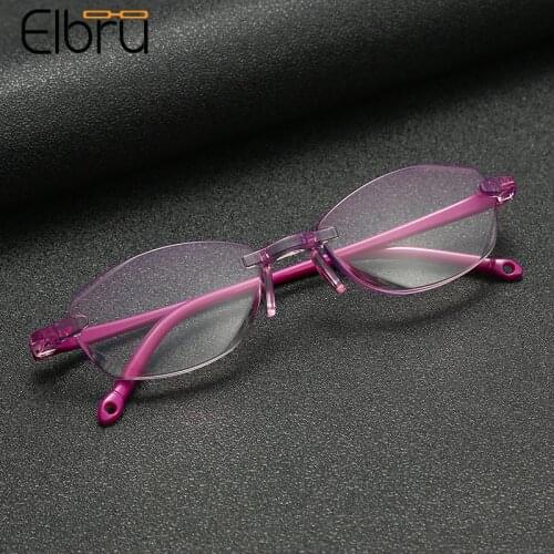 Elbru Ultralight Rimless Reading Glasses Anti Blue Light Readers Spectacles Purple Women Presbyopic Glasses Diopter +1.0 to +4.0