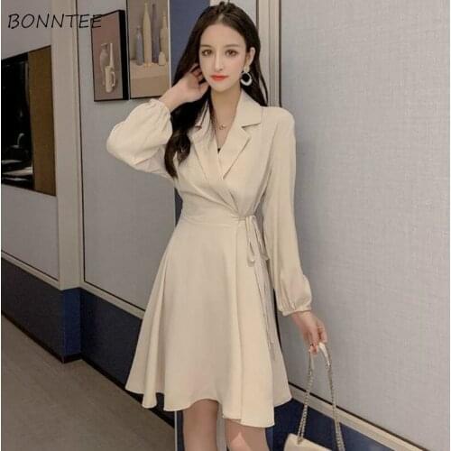 Dresses Women Spring Autumn New French High Waist Temperament Mini Lace Up Solid Turn-down Collar Fashion Sexy Elegant Ladies