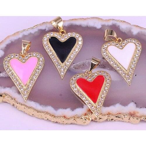 10Pcs Enamel White Black Red Pink heart Pendant, CZ Micro Pave Oil Drop Heart pendant, Enamel Jewelry,16x20mm