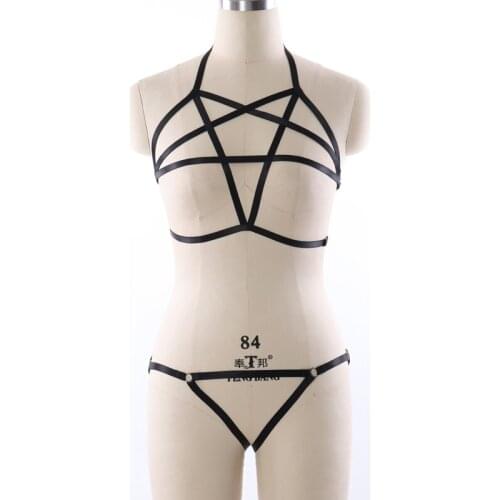 PENTAGRAM BODY HARNESS BDSM Bondage Thong panties Set Black Elastic adjust Strap Lingerie Goth Fetish Halloween dance wear