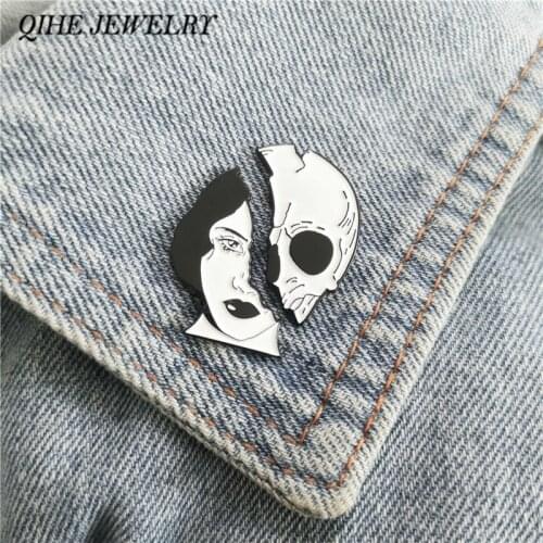 QIHE JEWELRY Love and Death Pins Skull Human Lapel pin Broken Face Badges Black White Dark Punk Pin Skeleton Jewelry