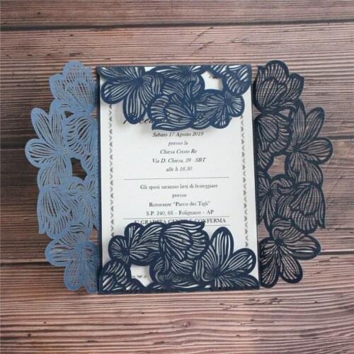 Rural wedding invitation navy blue flower laser cut postcard business card personalized printing