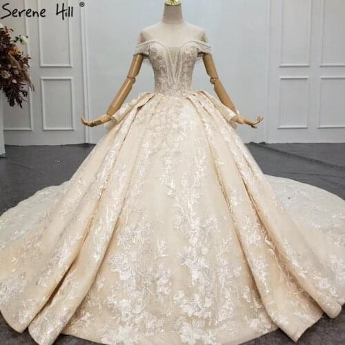 Champagne Off Shoulder Luxury Dubai Wedding Dresses 2020 Sleeveless Sequins Beading Bride Dress HX0143 Custom Made