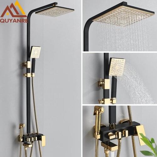Quyanre Black Gold Bathroom Shower Faucet Rain Shower 4-way Brass Mixer Tap Hot Cold Water Shower System Kit Bathtub Shower Tap
