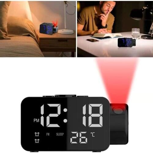 LED Projection Digital Dual Alarm Clock FM Radio USB Rechargeable Multifunction Projector Table Snooze Sleep Timer