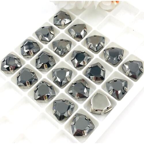 12mm Fat Triangle Metallic black High quality Glass Crystal sew on rhinestones sliver base with hole diy/clothing accessories
