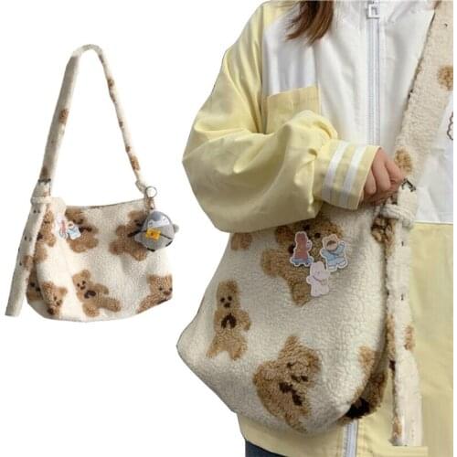 Women Cute Bear Like Fabric Plush Shoulder Bag Simple Handbag Tote Bag Embroidery Soft Shopping School For Girls Sac Femme