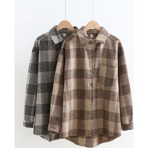 Nice Vintage Woman Loose Plaid Patchwork Woolen Shirt Fad Autumn Fashion Ladies Oversized Soft Outerwear Female Casual Jackets