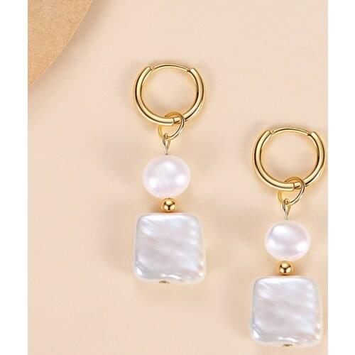 ELESHE Elegant Small Round Square Pearl Dangle Earrings 925 Sterling Silver 18K Gold Plated Hoop Earrings Fine Jewelry Wholesale