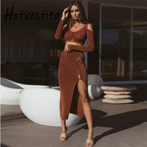 Hotvestita Sexy Women Matching Sets Long Sleeve Button Up Hollow Out Crop Tops Split Maxi Skirts Party Club 2 Piece Set Outfits