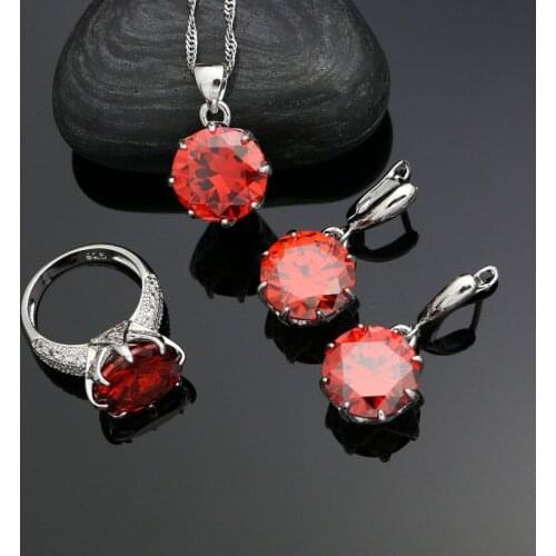 925 Silver Bridal Jewelry Sets For Women Wedding Accessories Red Cubic Zirconia White Crystal Ring Pendant Necklace Earrings