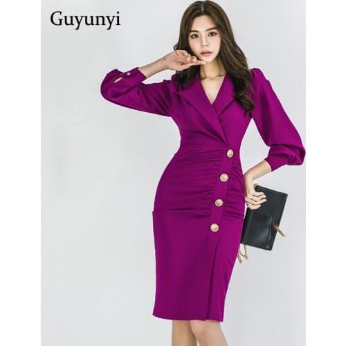 Purple Office Lady Dress 2021 Autumn Suit Collar Decorative Button Puff Sleeves High Waist Asymmetry Elegant Party Dress Women