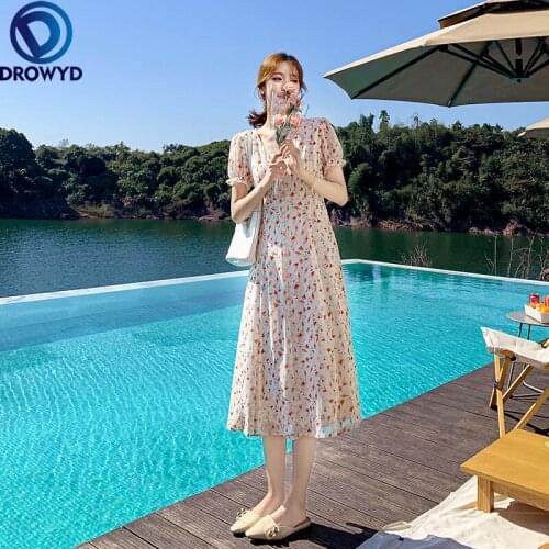 2021 Summer Beach Boho Midi Dress Womens New Retro Temperament Small Floral Waist Sweet Print Bodycon Party Dresses Vestidos