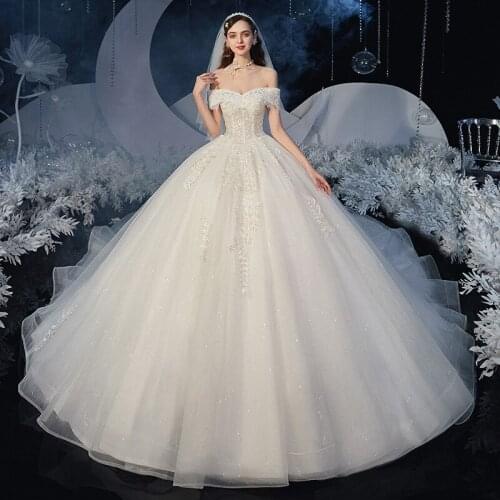 Vestido De Noiva 2021 Elegant Boat Neck Wedding Gown With Train Ball Luxury Lace Embroidery Robe Mariee