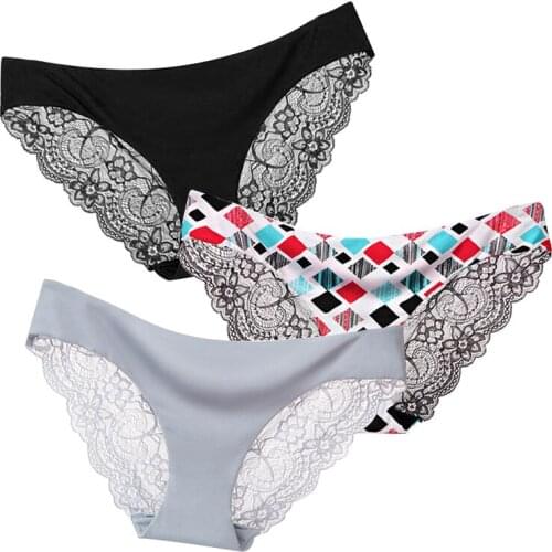 1/3pcs Women Sexy Panties Ice Silk Underwear Seamless Lace Back Briefs Lingerie Transparent Underpants Female Thong Pants #F