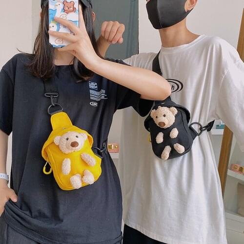 1PC Adjustable Lovers New Trend Bear Canvas Chest Bag Messenger Cute All-Match Doll Shoulder Bag Handbag With Headphone Jack
