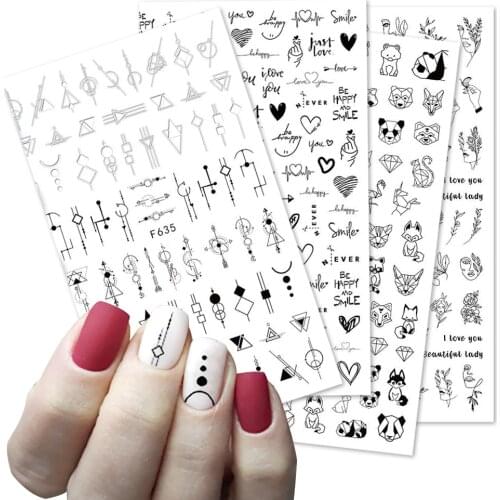 2 Card 3D Nail Art Sticker Black Lines Flowers Animals Leaves Heart Image Nail Art Decorations Slider For Nail Manicure 2020 New