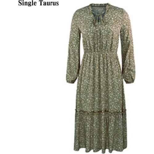 2020 Autumn Winter Female Dress High Waist Long Sleeve Fashion Elegant Lady Vintage Dresses Flower Print Dresses for Women Party