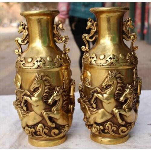 9"Marked Chinese Bronze Successful Running 8 Horse Dragon Beast Vase Pair Statue S0708