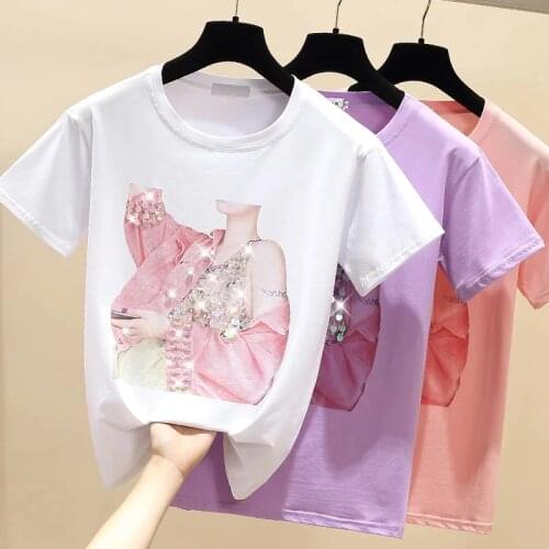 GGRIGHT Summer Short Sleeve T Shirt Women Tops Purple Tshirt Cotton Korean Style T-Shirt Women Clothes Beading Tee Shirt Femme