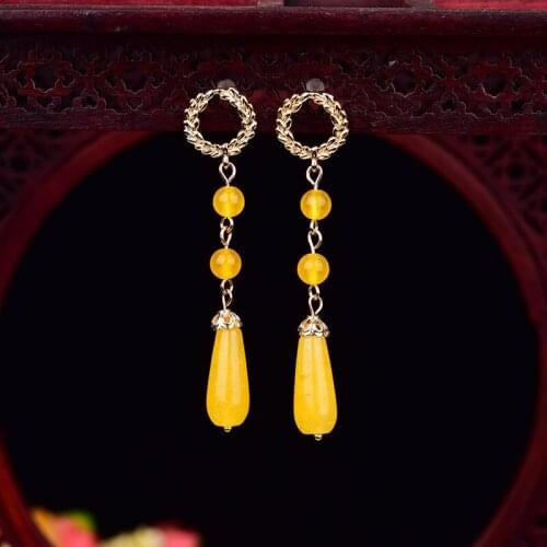 Exquisite Fashion Long Yellow Chalcedony Temperamental Eardrop All-matching Individuality Lifelike Water Drop Crystal Earrings